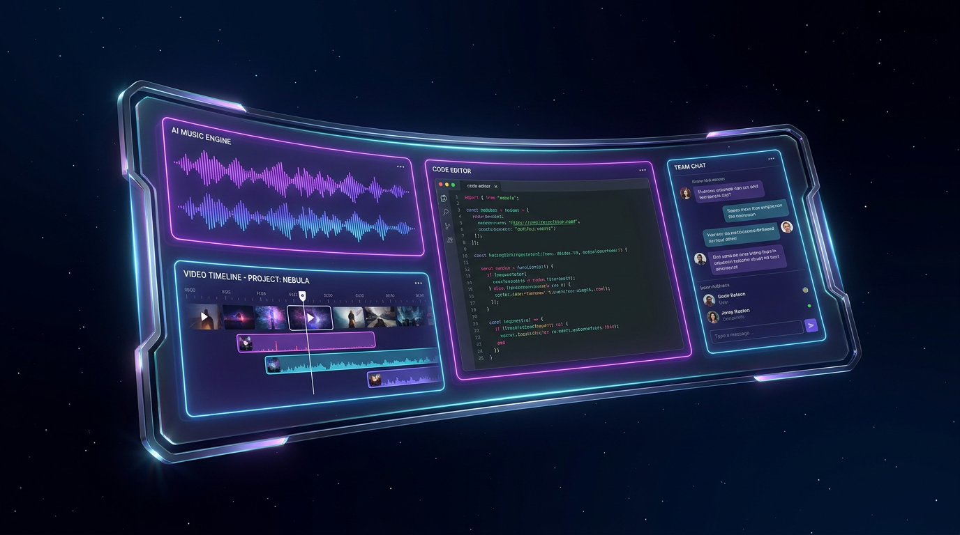 AI workspace with music, video, code, and chat panels